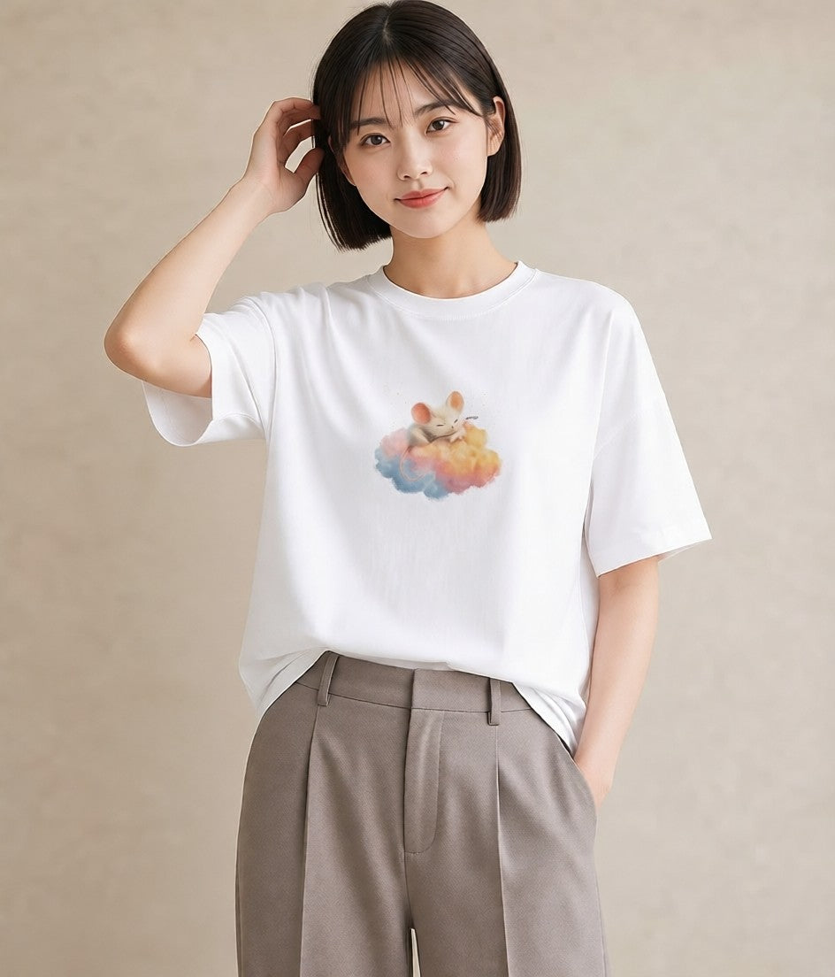 半袖Tシャツ レディース 雲 星空 宇宙 イラスト 手描き風 旅行 母娘コーデ 白T YMAZO