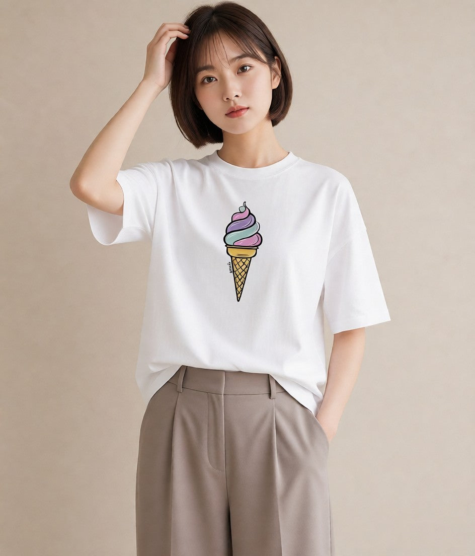 グラフィックTシャツ レディース ソフトクリーム 食べ物 フード イラスト アート風 週末コーデ 敬老の日 白T YMAZO