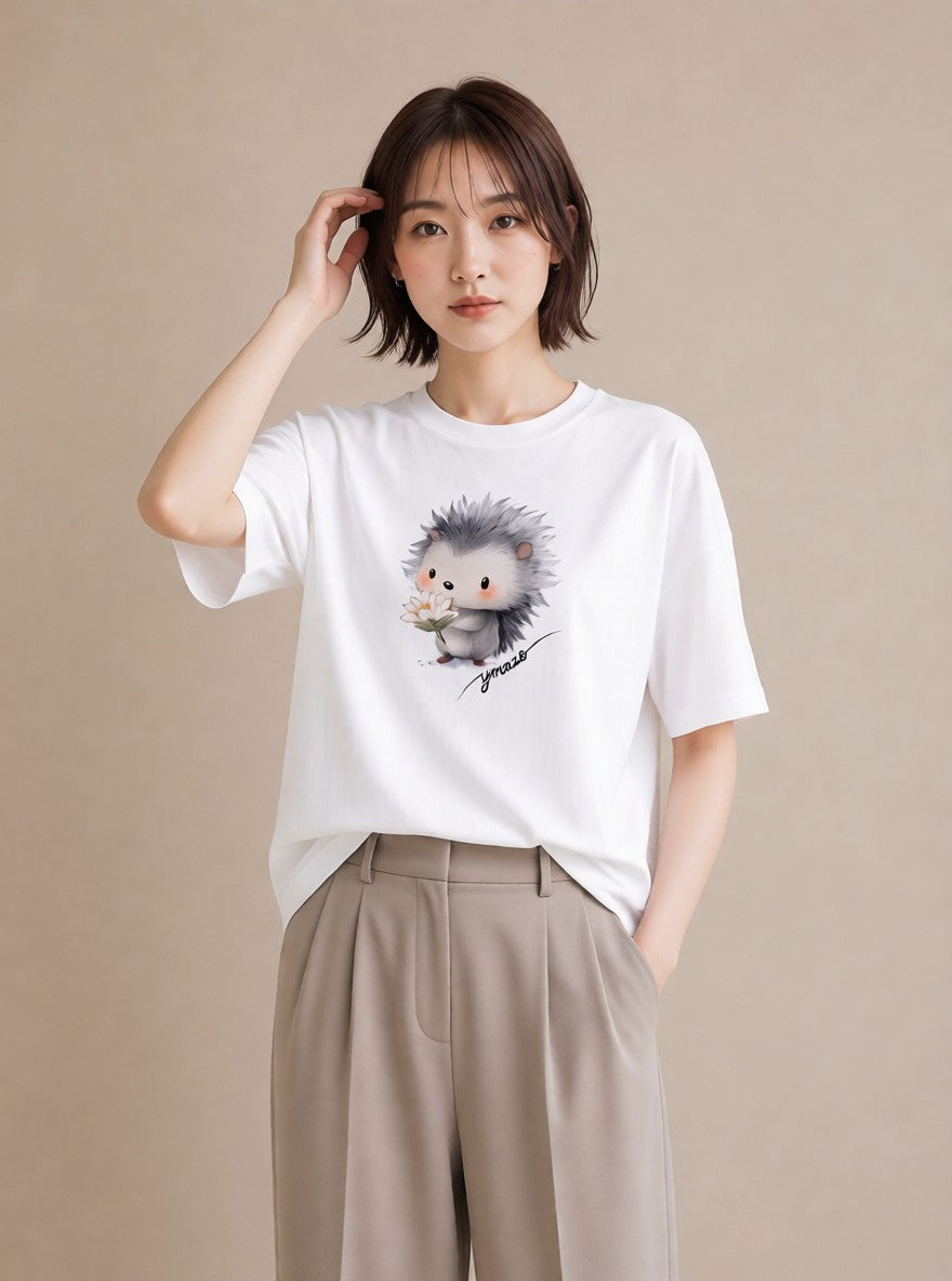 プリントTシャツ レディース ハリネズミ ペット 動物 イラスト 上品 春コーデ 姉妹 白T YMAZO