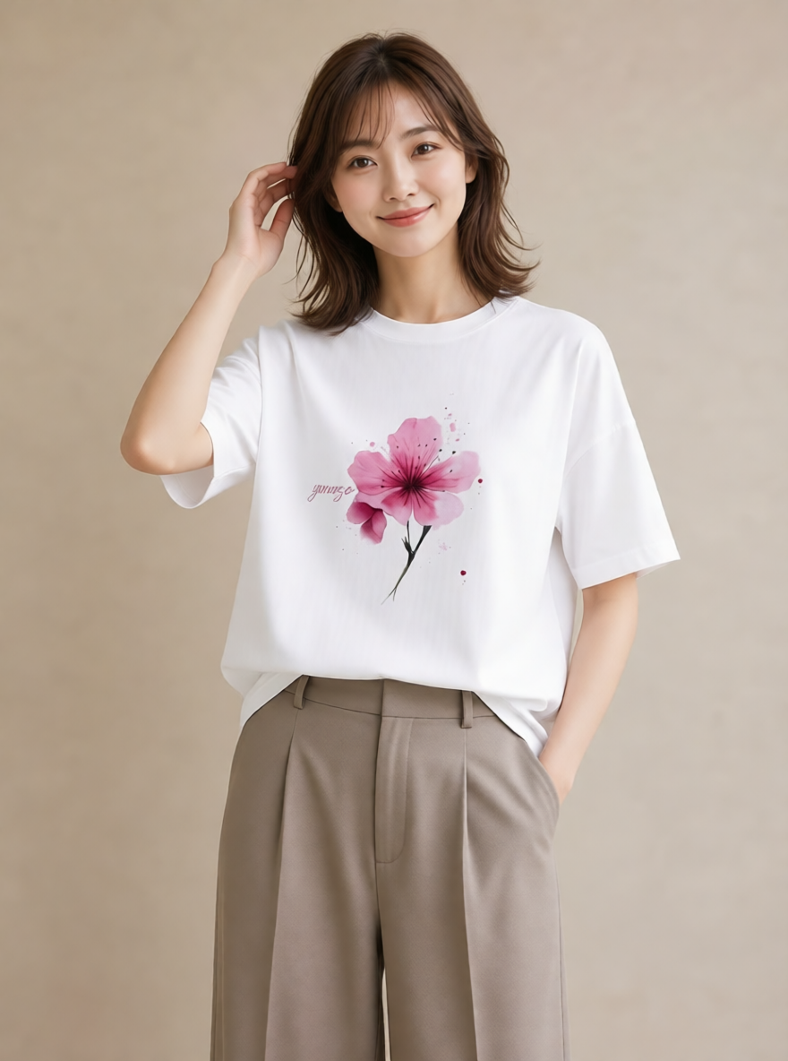グラフィックTシャツ レディース 梅 花 花柄 イラスト 旅行コーデ 旅行用 海 白T YMAZO