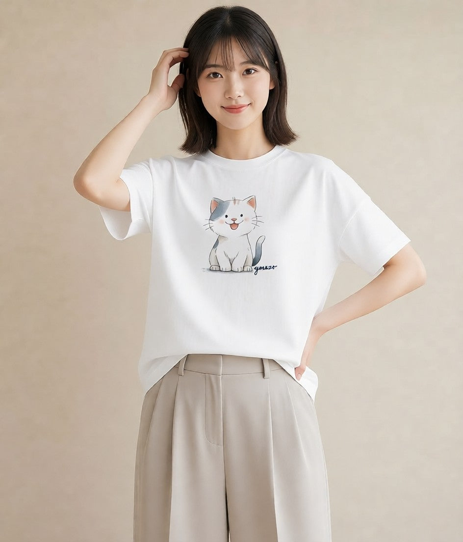 プリントTシャツ レディース ニャンコ 猫 ねこ イラスト 水彩風 デート 帰省 白T YMAZO