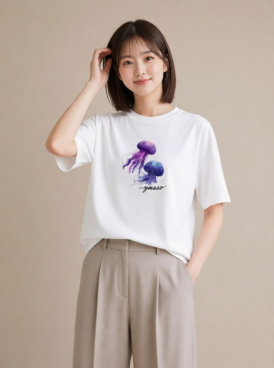 プリントTシャツ レディース くらげ クラゲ 海の生き物 海 イラスト ボタニカル 部屋着 女性向けギフト 白T YMAZO