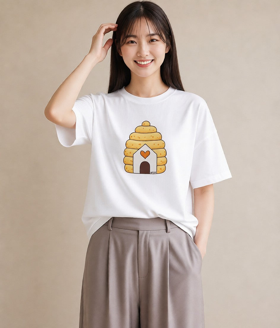 プリントTシャツ レディース ハニー 食べ物 フード イラスト 韓国風 買い物 夏コーデ 白T YMAZO