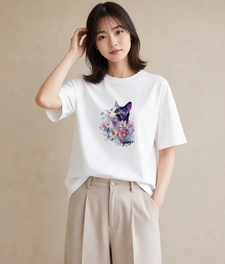 グラフィックTシャツ レディース アメリカンショートヘア 猫 ねこ イラスト 韓国風 春コーデ 姉妹 白T YMAZO