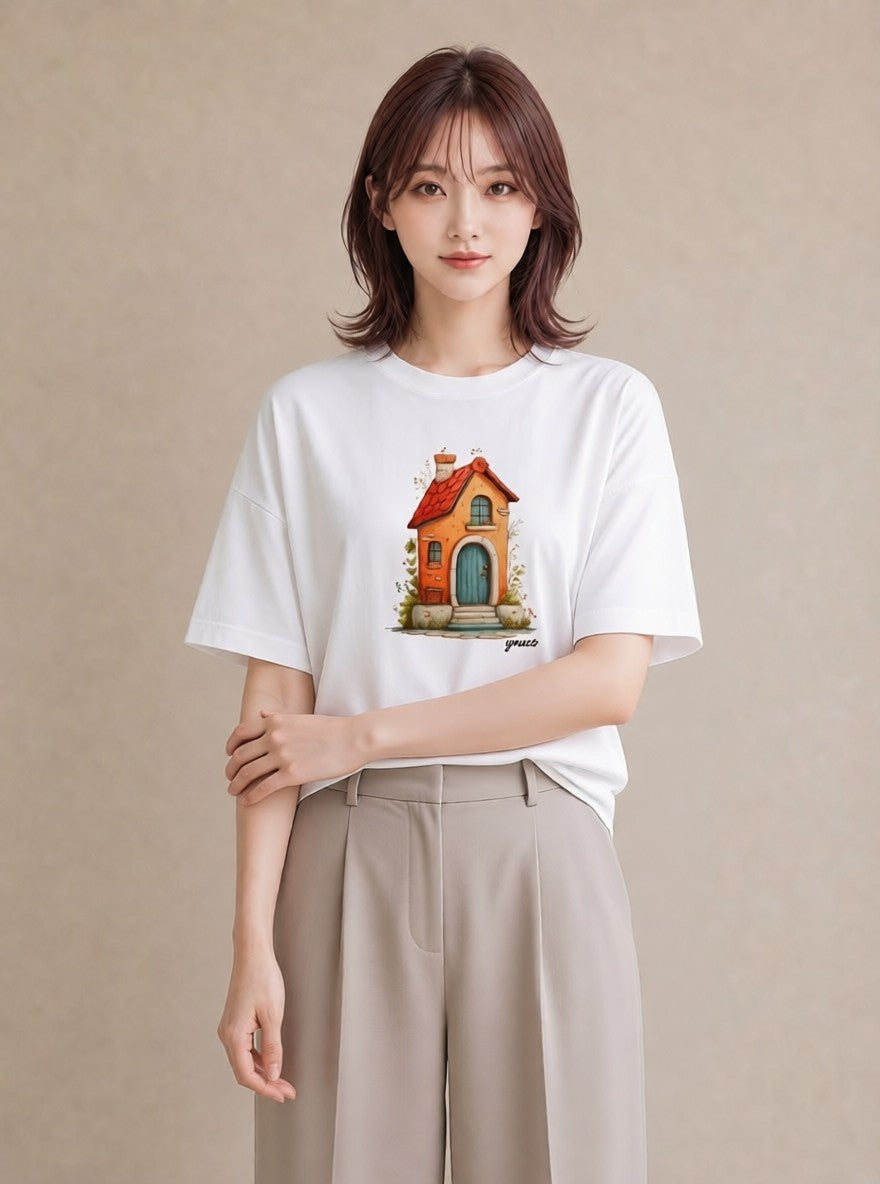 グラフィックTシャツ レディース 灯りの家 小屋 夜 ナチュラル アンティーク イラスト モード 友達ギフト 部屋着 白T YMAZO