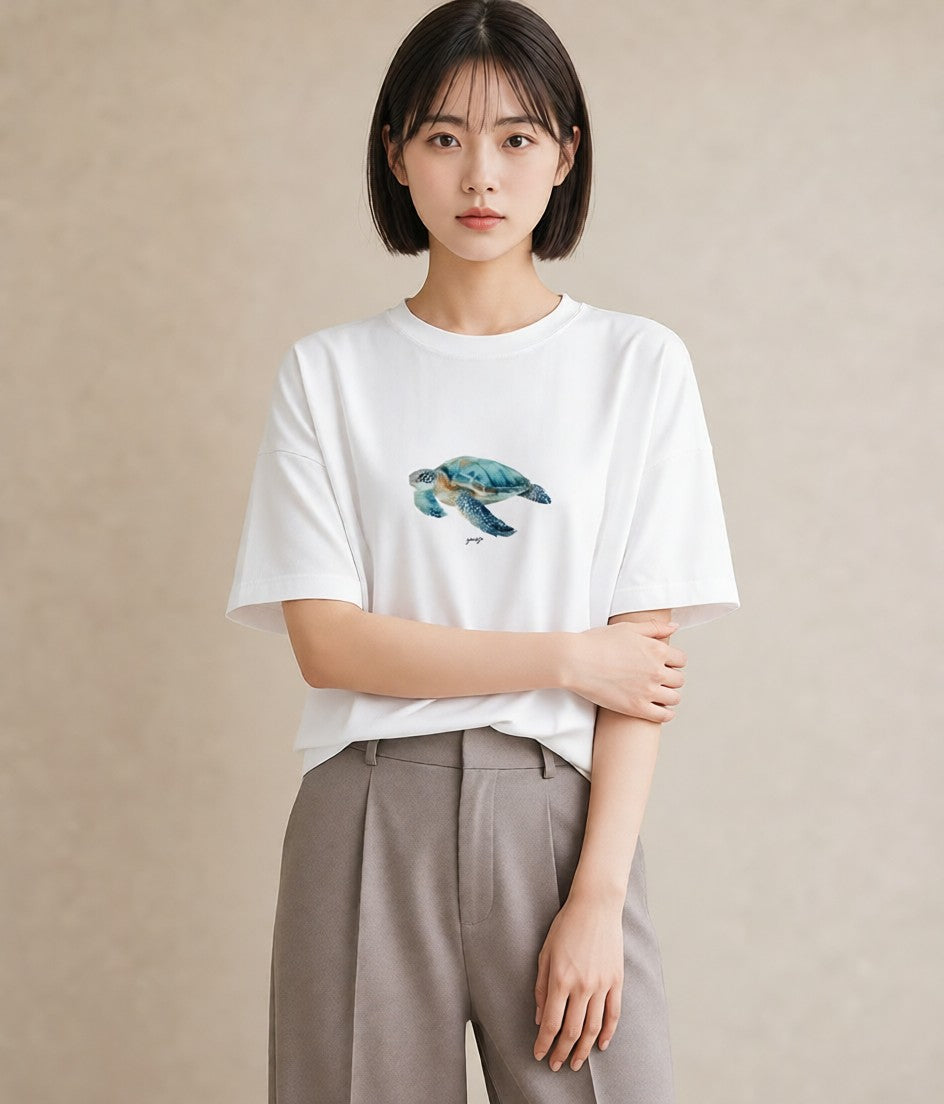 プリントTシャツ レディース ゼニガメ ペット 動物 イラスト ヴィンテージ風 通学 誕生日プレゼント 白T YMAZO