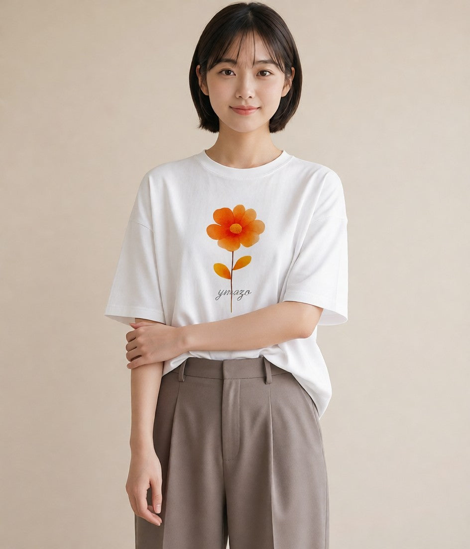半袖Tシャツ レディース デイジー 花 花柄 イラスト 北欧風 通勤 在宅 白T