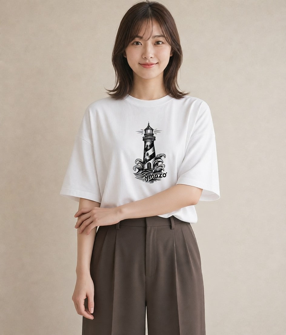 プリントTシャツ レディース 灯台 霧 海 ナチュラル アンティーク イラスト 休日コーデ 敬老の日 ホワイトデー 白T YMAZO