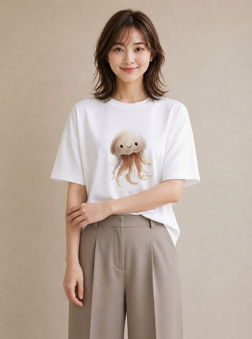 半袖Tシャツ レディース イカ 海の生き物 海 イラスト カジュアル 姉妹 送別ギフト 白T YMAZO