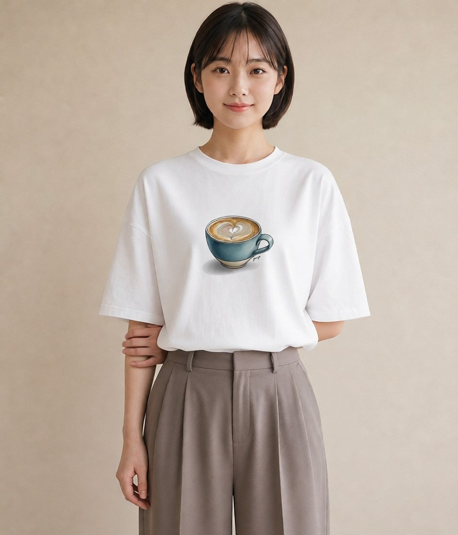 デザインTシャツ レディース カフェオレ 食べ物 フード イラスト 韓国風 海 カフェ巡り 白T YMAZO