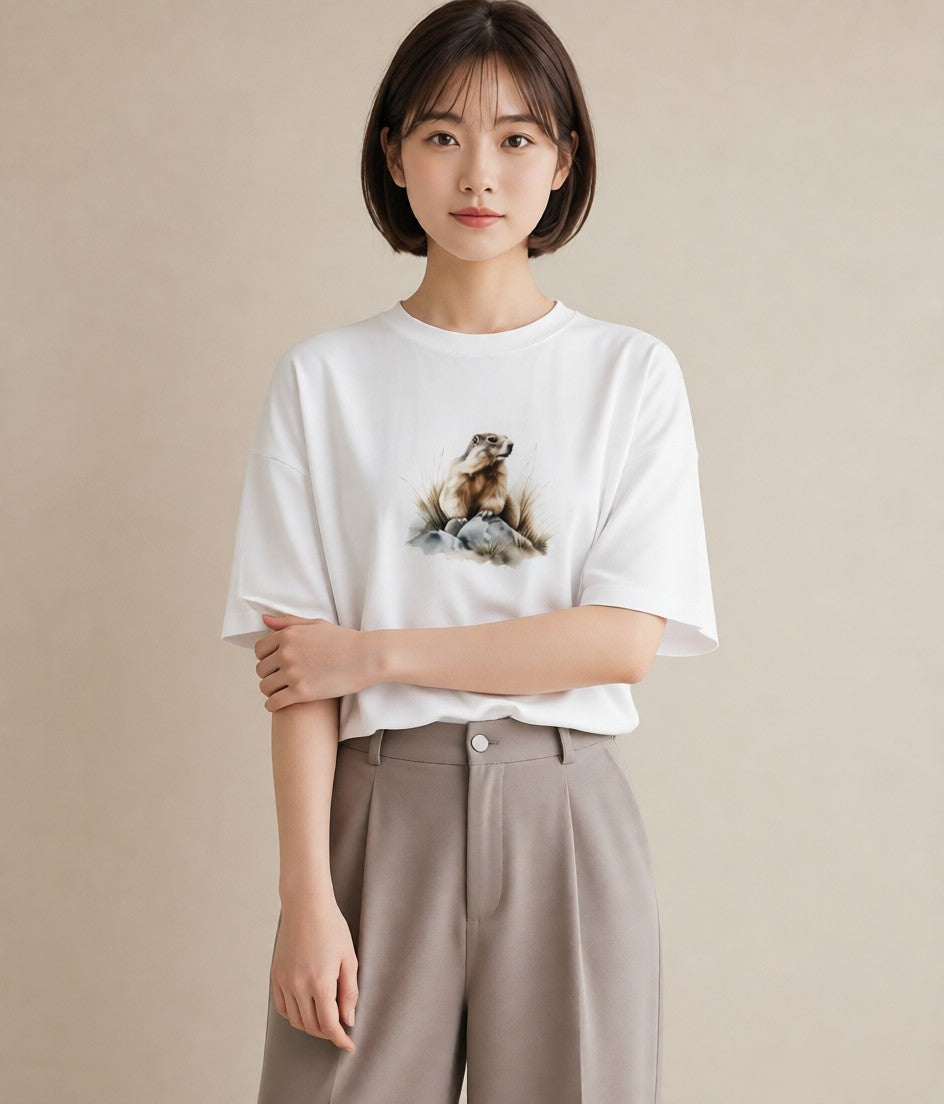 プリントTシャツ レディース フェレット ペット 動物 イラスト 韓国風 帰省 ラフ 白T YMAZO