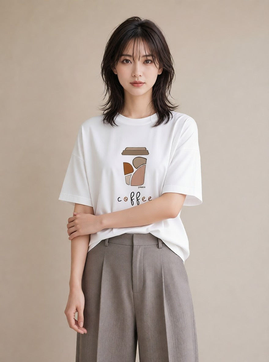 デザインTシャツ レディース カフェ カフェロゴ ロゴ イラスト 韓国風 社会人 女性 白T YMAZO