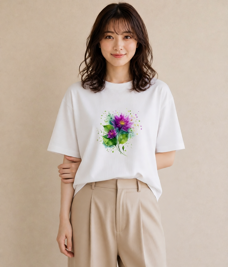 デザインTシャツ レディース 蓮 花 花柄 イラスト ミニマル 綿100 デート 白T YMAZO