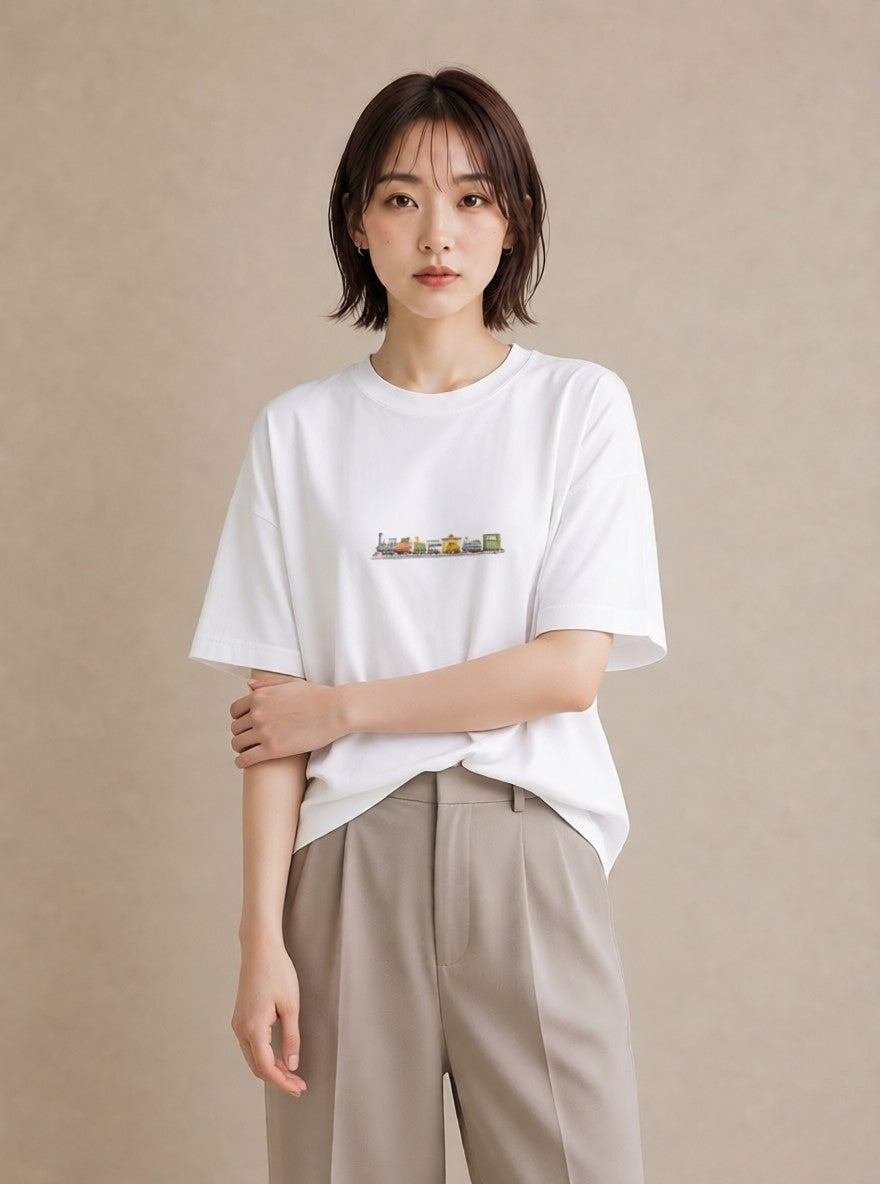 プリントTシャツ レディース 駅のホーム ローカル線 駅 ナチュラル アンティーク イラスト 可愛い ラフ レイヤード 白T YMAZO