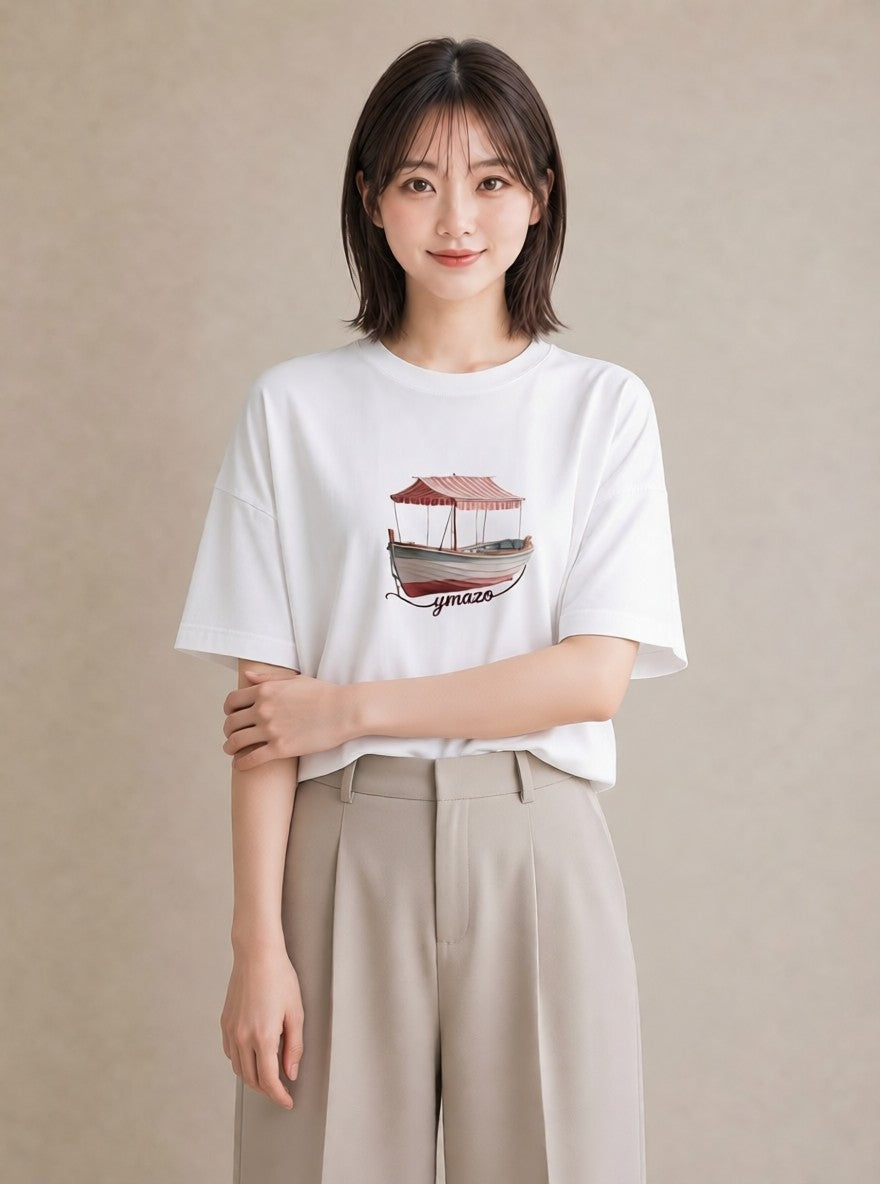 Tシャツ レディース 桟橋 水辺 波止場 ナチュラル アンティーク イラスト ママ カフェ服 白T YMAZO