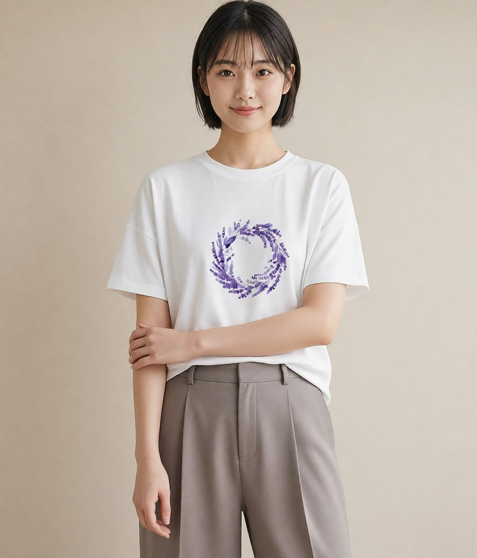 半袖Tシャツ レディース ラベンダー 花 花柄 イラスト 買い物 夏コーデ 白T YMAZO