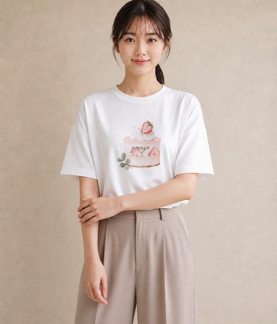 デザインTシャツ レディース プリン 食べ物 フード イラスト 線画 海 カフェ巡り 白T YMAZO
