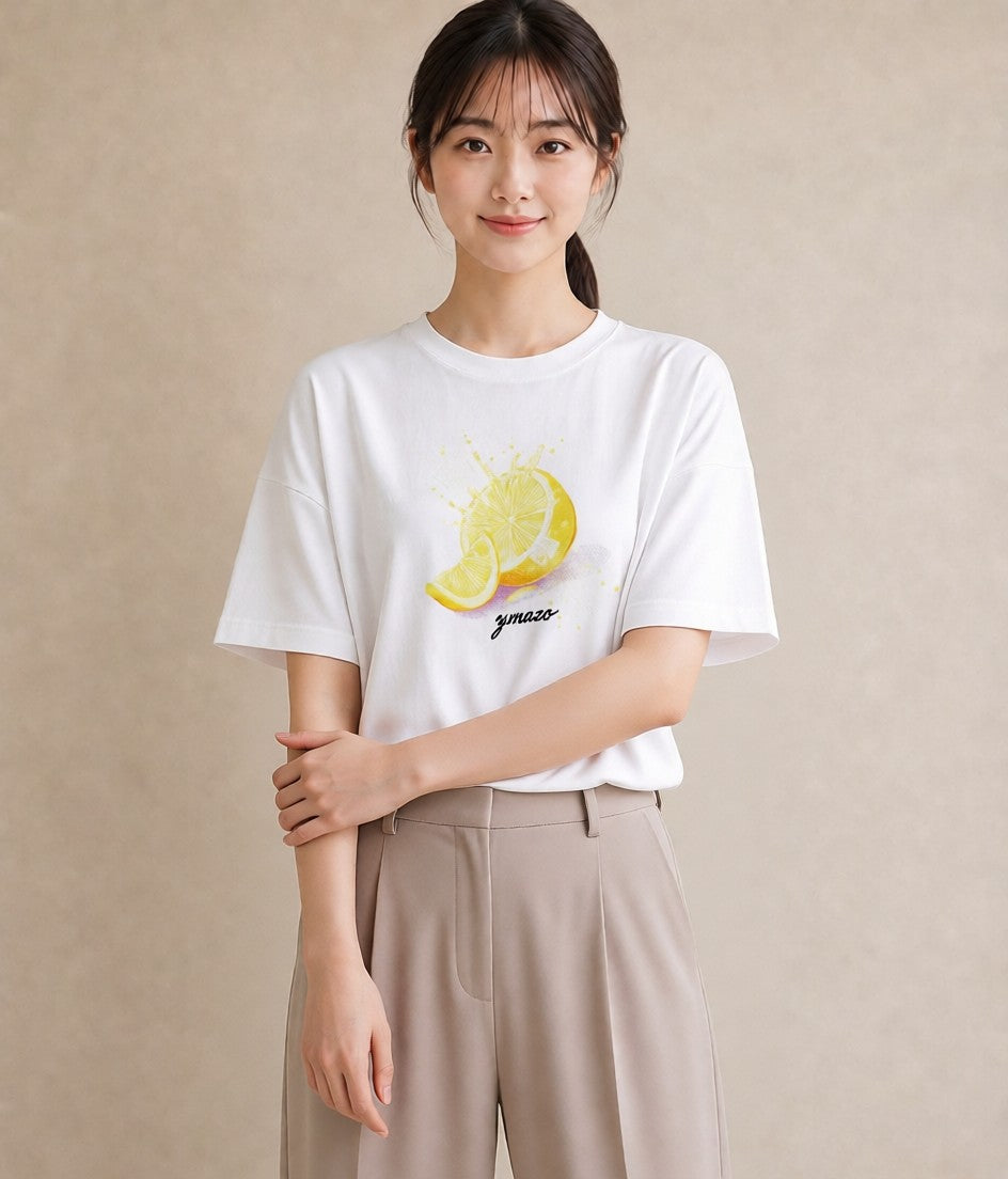 プリントTシャツ レディース レモン 檸檬 食べ物 フード イラスト シック 女子会 お揃い 白T YMAZO