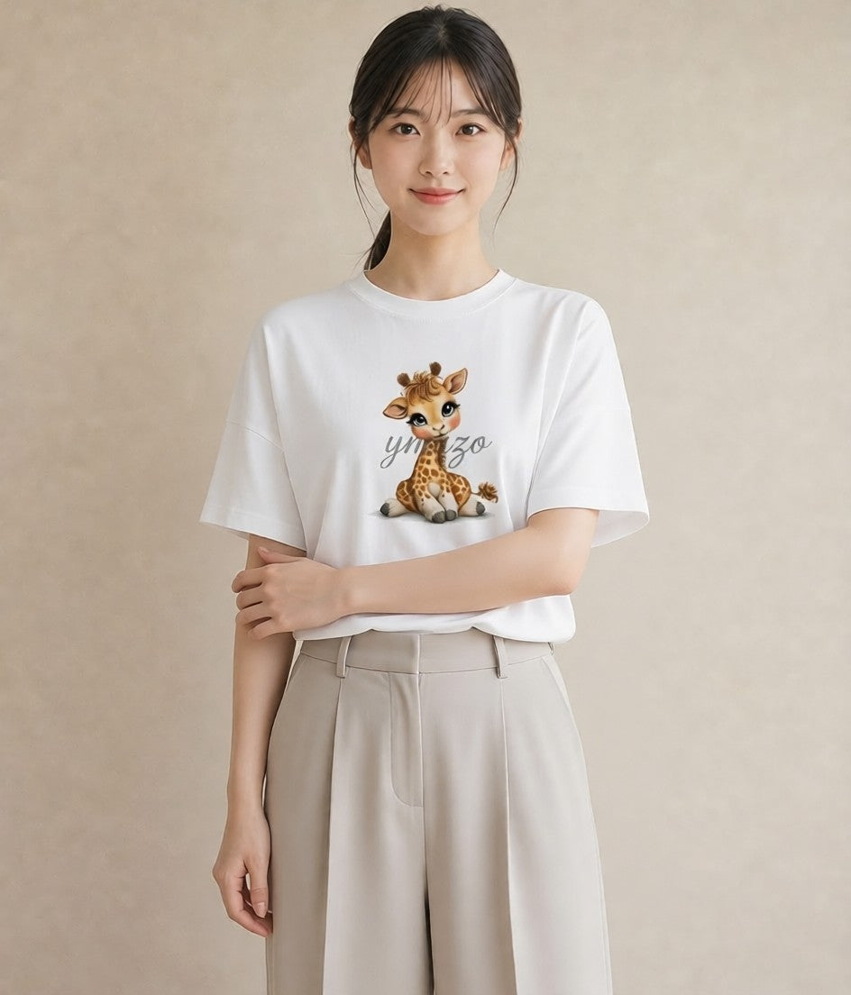 半袖Tシャツ レディース きりん 動物 アニマル イラスト レトロ クリスマス 旅行 白T YMAZO