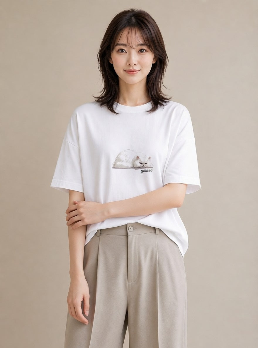 デザインTシャツ レディース ブリティッシュショートヘア 猫 ねこ イラスト 淡色 綿100 デート 白T YMAZO