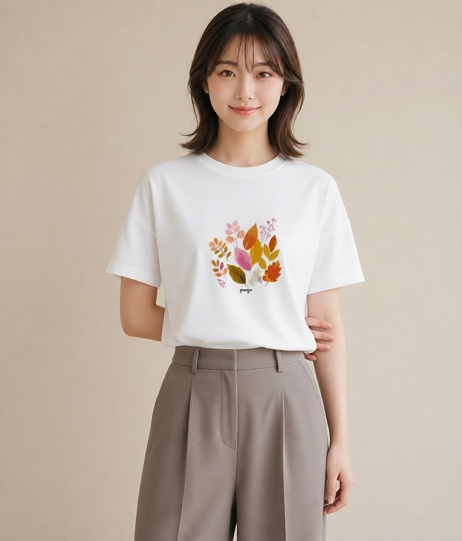 プリントTシャツ レディース 落ち葉 植物 ボタニカル イラスト ヴィンテージ風 デイリーウェア 休日 白T YMAZO