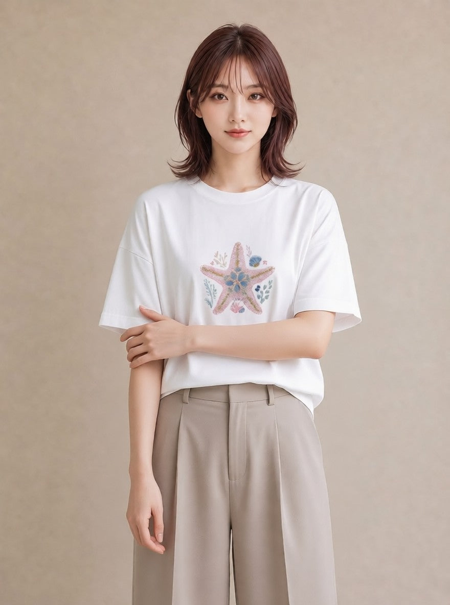 Tシャツ レディース ヒトデ 海の生き物 海 イラスト 普段使い 春服 ミセス 白T YMAZO