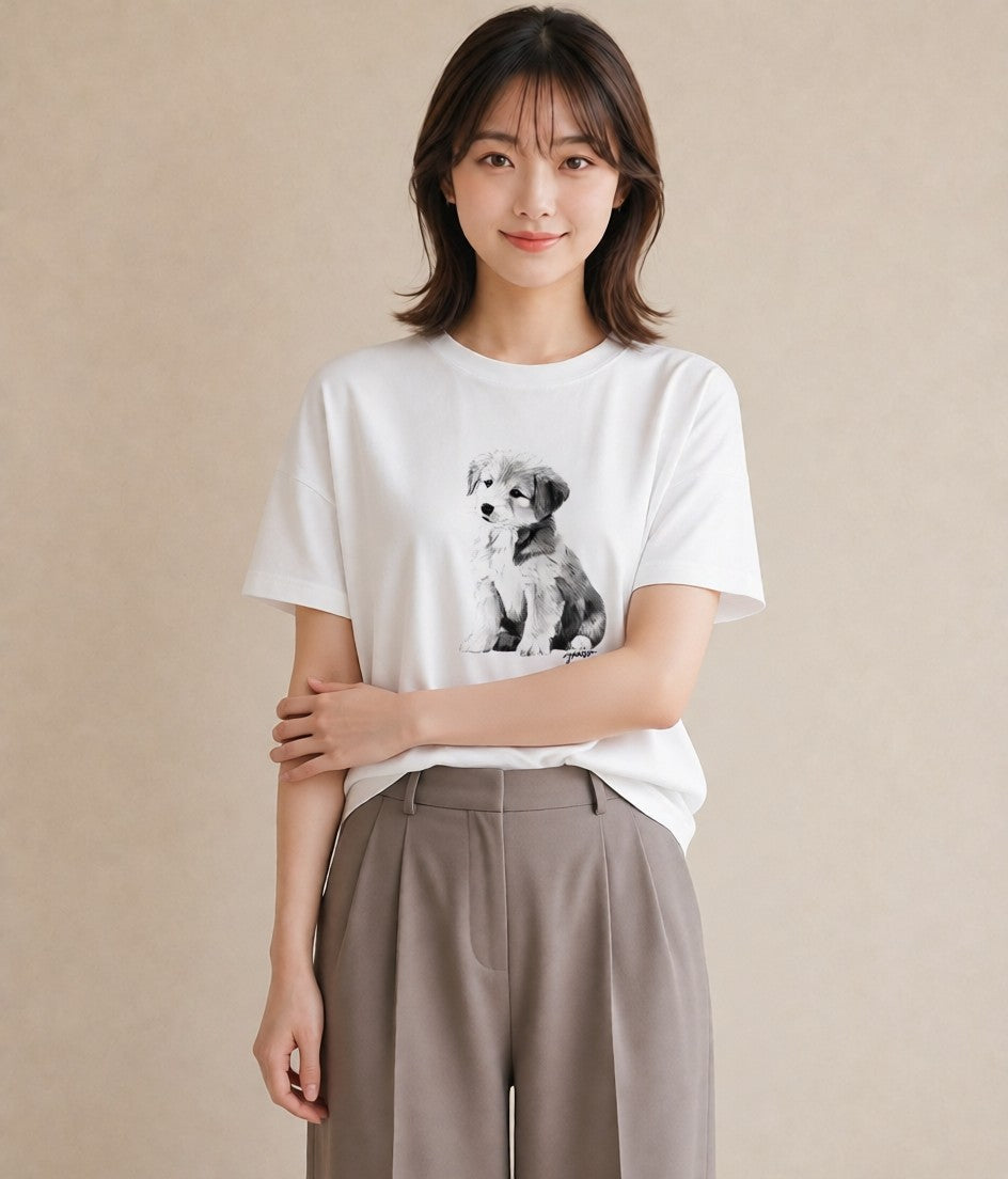デザインTシャツ レディース 愛犬 犬 いぬ イラスト お洒落 母娘コーデ 自分用 白T YMAZO