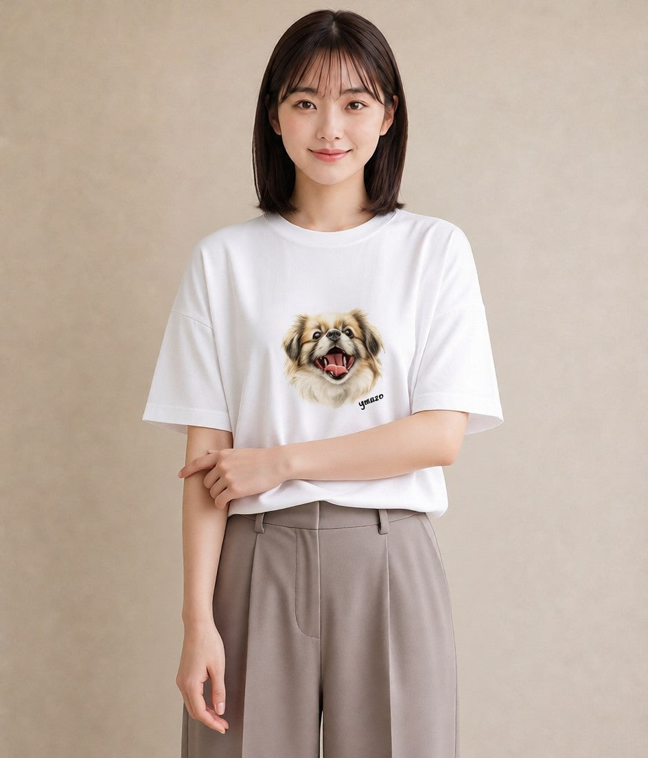デザインTシャツ レディース 狆 犬 いぬ イラスト ゆるコーデ ペアコーデ 秋コーデ 白T YMAZO