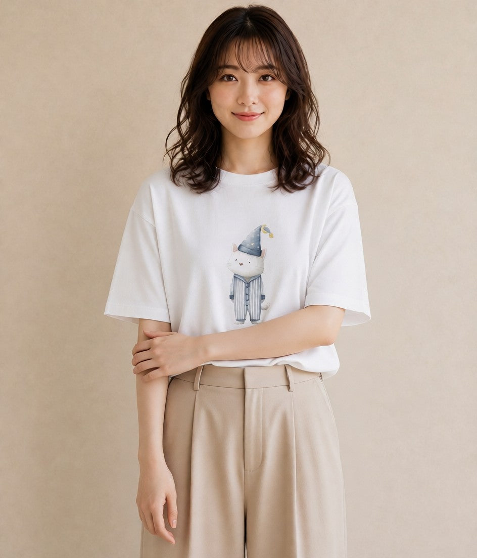 半袖Tシャツ レディース ラグドール 猫 ねこ イラスト モード 社会人 女性 白T YMAZO