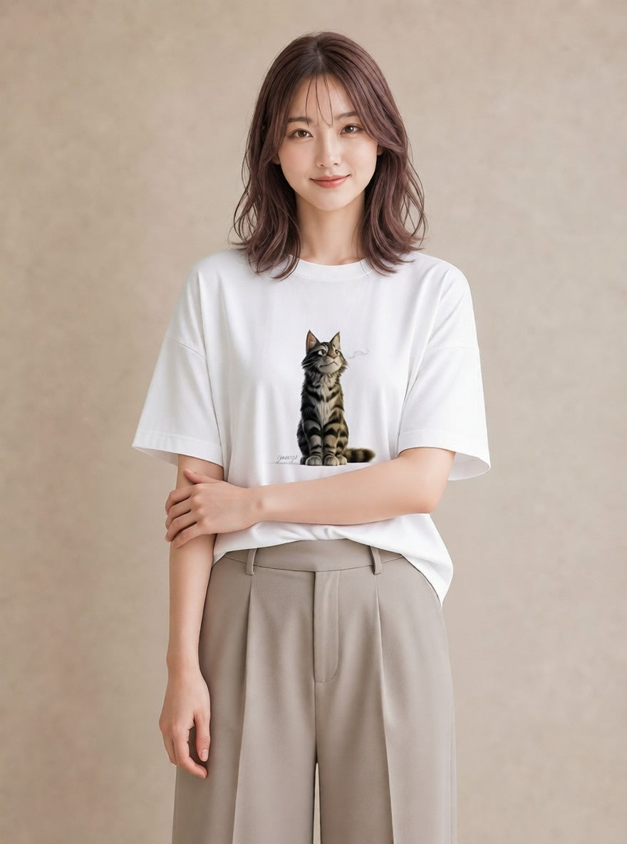 Tシャツ レディース サバトラ 猫 ねこ イラスト ラフ レイヤード 白T YMAZO