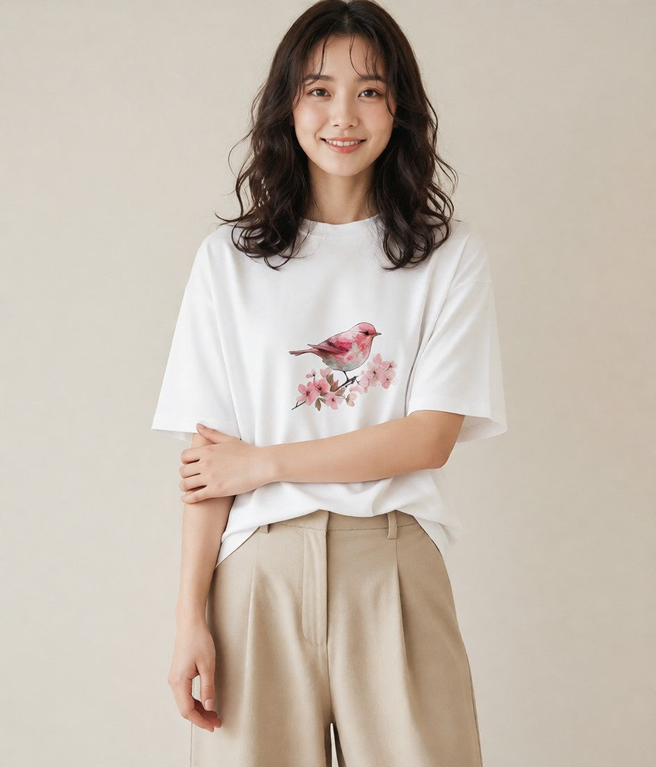 Tシャツ レディース 桜文鳥 ペット 動物 イラスト ゆるかわ ビーチ デイリーウェア 白T YMAZO