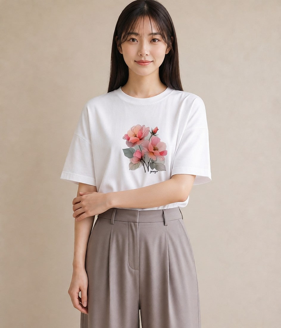 デザインTシャツ レディース 椿 花 花柄 イラスト ポップ 誕生日プレゼント 綿100 白T YMAZO