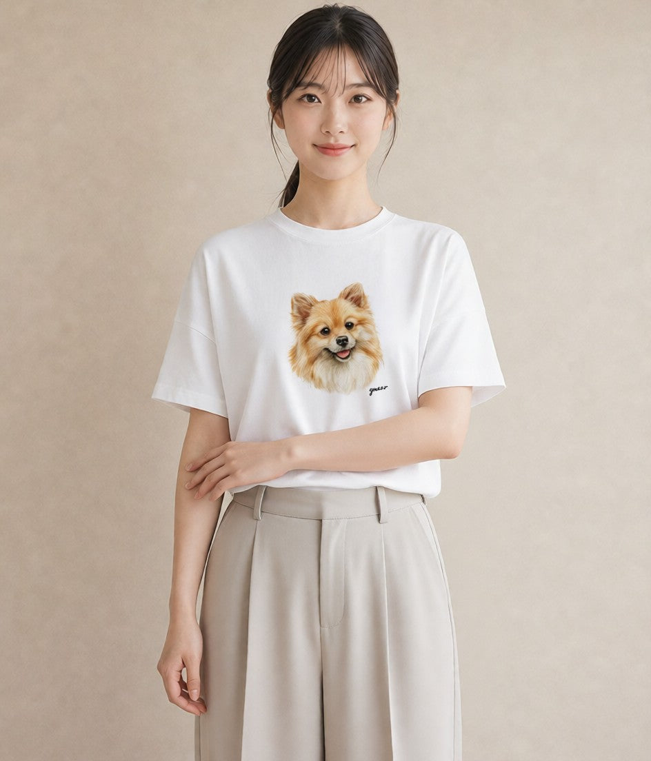 プリントTシャツ レディース ポメラニアン ポメ 犬 いぬ イラスト ボタニカル 週末コーデ 敬老の日 白T YMAZO