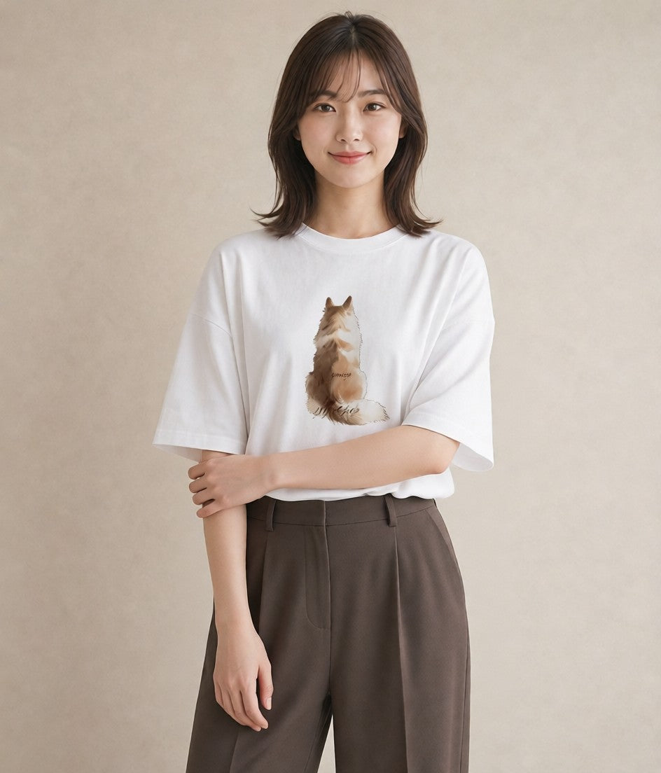 半袖Tシャツ レディース 肉球 猫 ねこ イラスト レトロ 帰省 ラフ 白T YMAZO