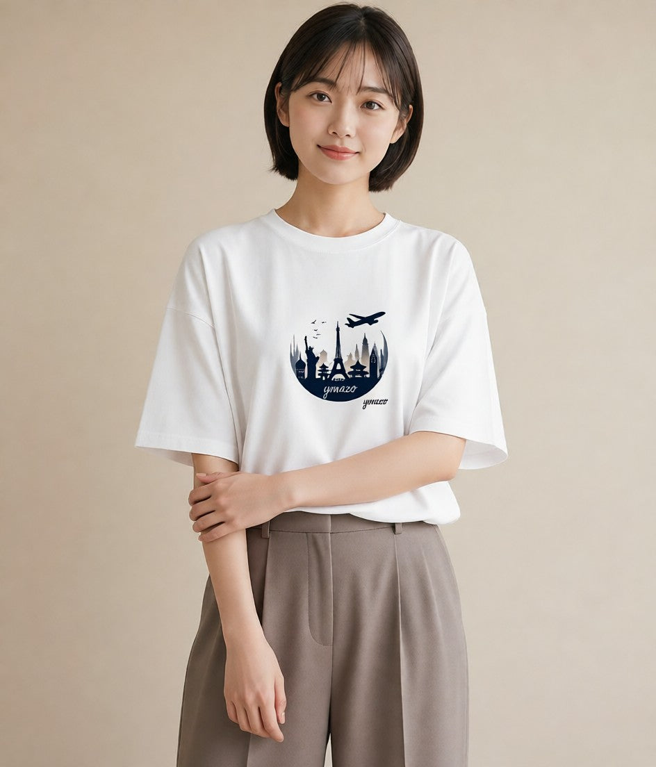 半袖Tシャツ レディース 旅 トラベル スタンプ イラスト 普段使い デイリーウェア 休日 白T YMAZO