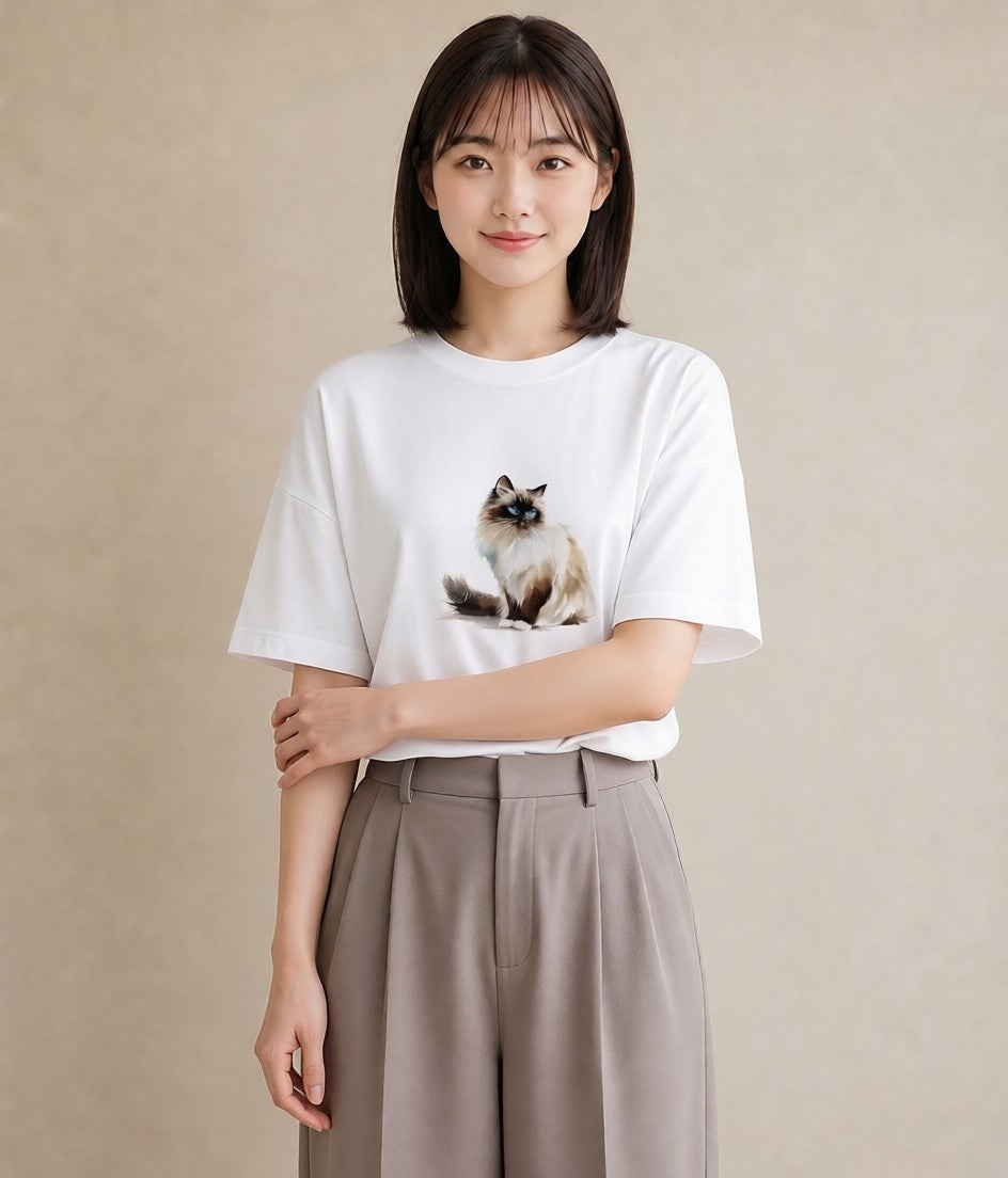 Tシャツ レディース 猫 ねこ イラスト ユニーク ルームウェア ギフト 白T YMAZO