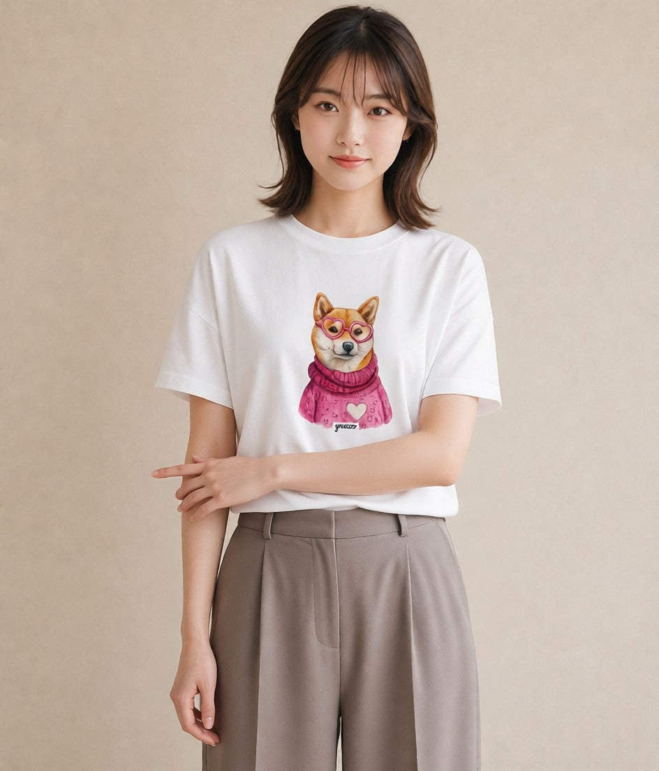 半袖Tシャツ レディース 柴犬 しばいぬ 犬 いぬ イラスト シンプル 送別ギフト 通勤 白T YMAZO