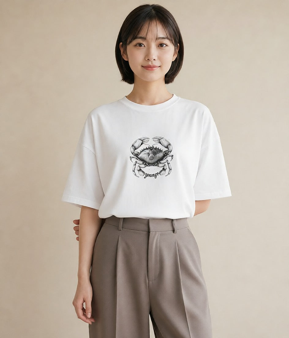 プリントTシャツ レディース カニ 海の生き物 海 イラスト フェミニン 女性 旅行用 白T YMAZO