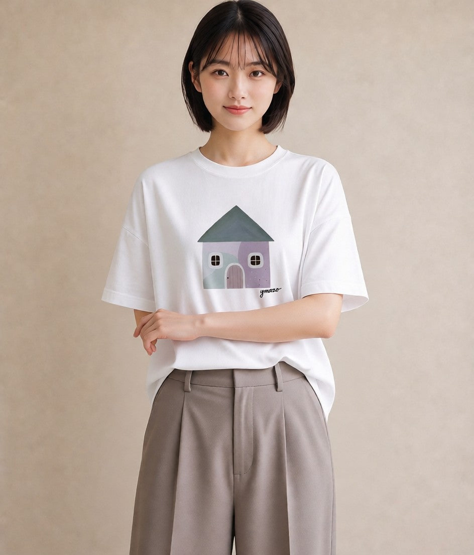 デザインTシャツ レディース 灯りの家 小屋 夜 ナチュラル アンティーク イラスト 通学 誕生日プレゼント 白T YMAZO