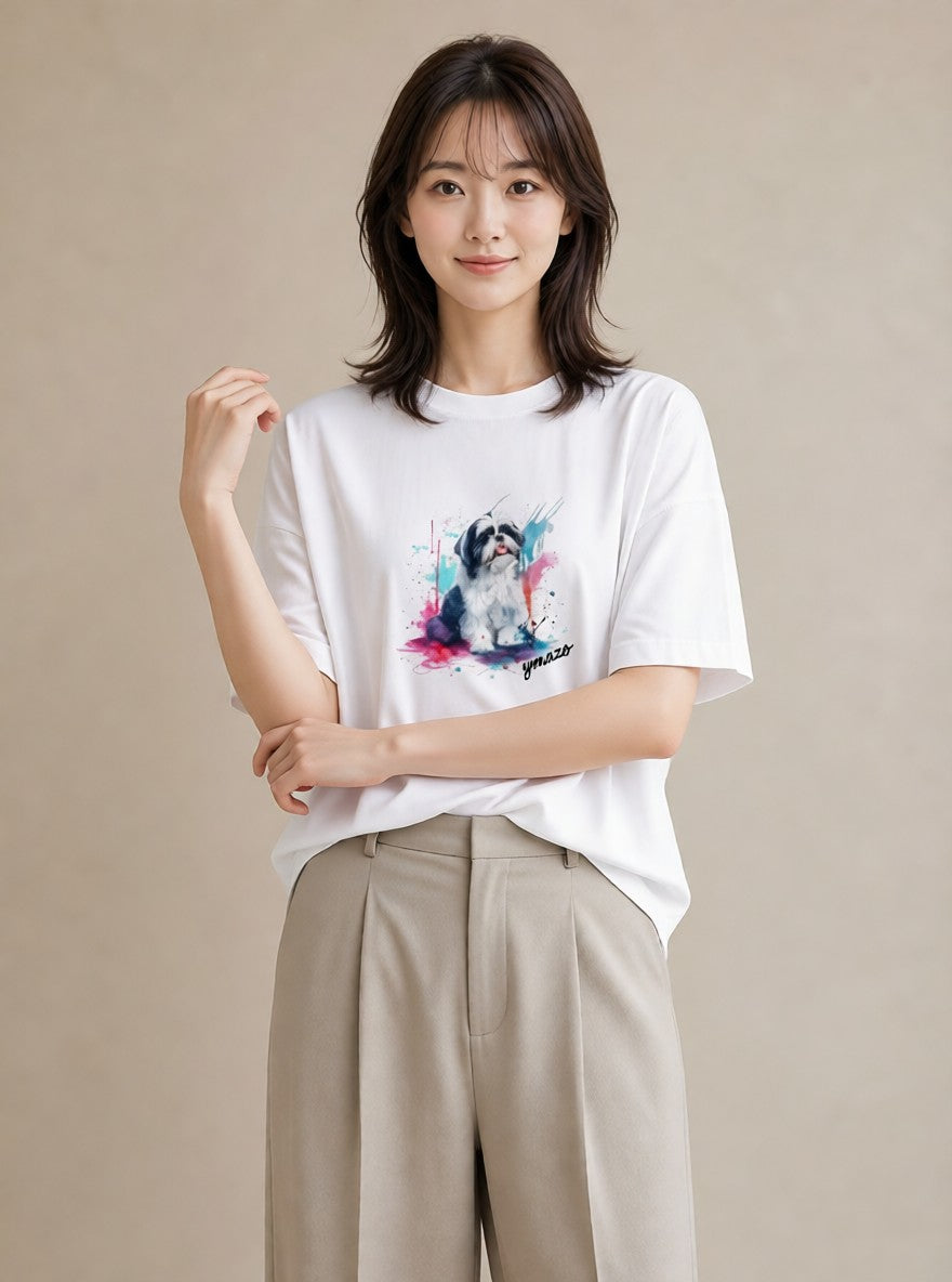 Tシャツ レディース 狆 犬 いぬ イラスト こなれ感 休日 ペアコーデ 白T YMAZO