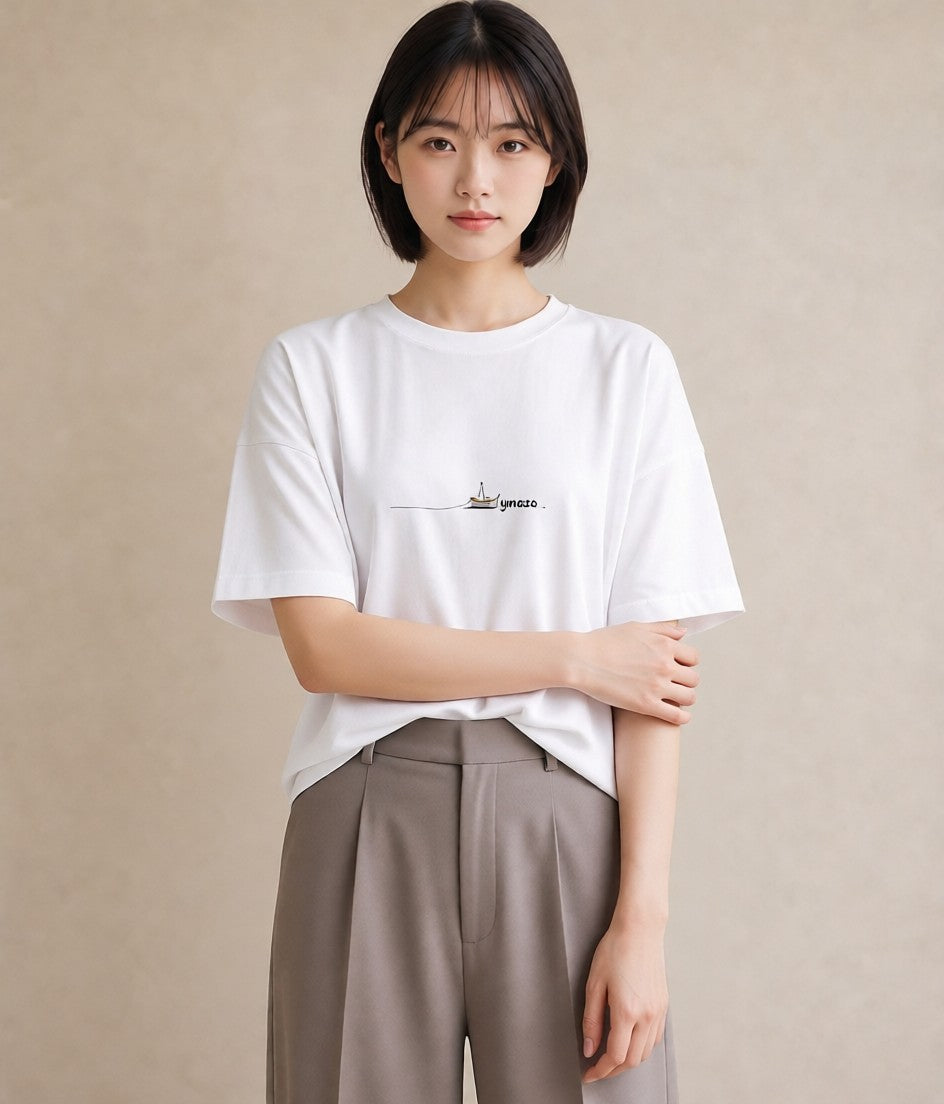 半袖Tシャツ レディース 紙の船 水辺 ナチュラル アンティーク イラスト ガーリー 誕生日プレゼント 綿100 白T YMAZO