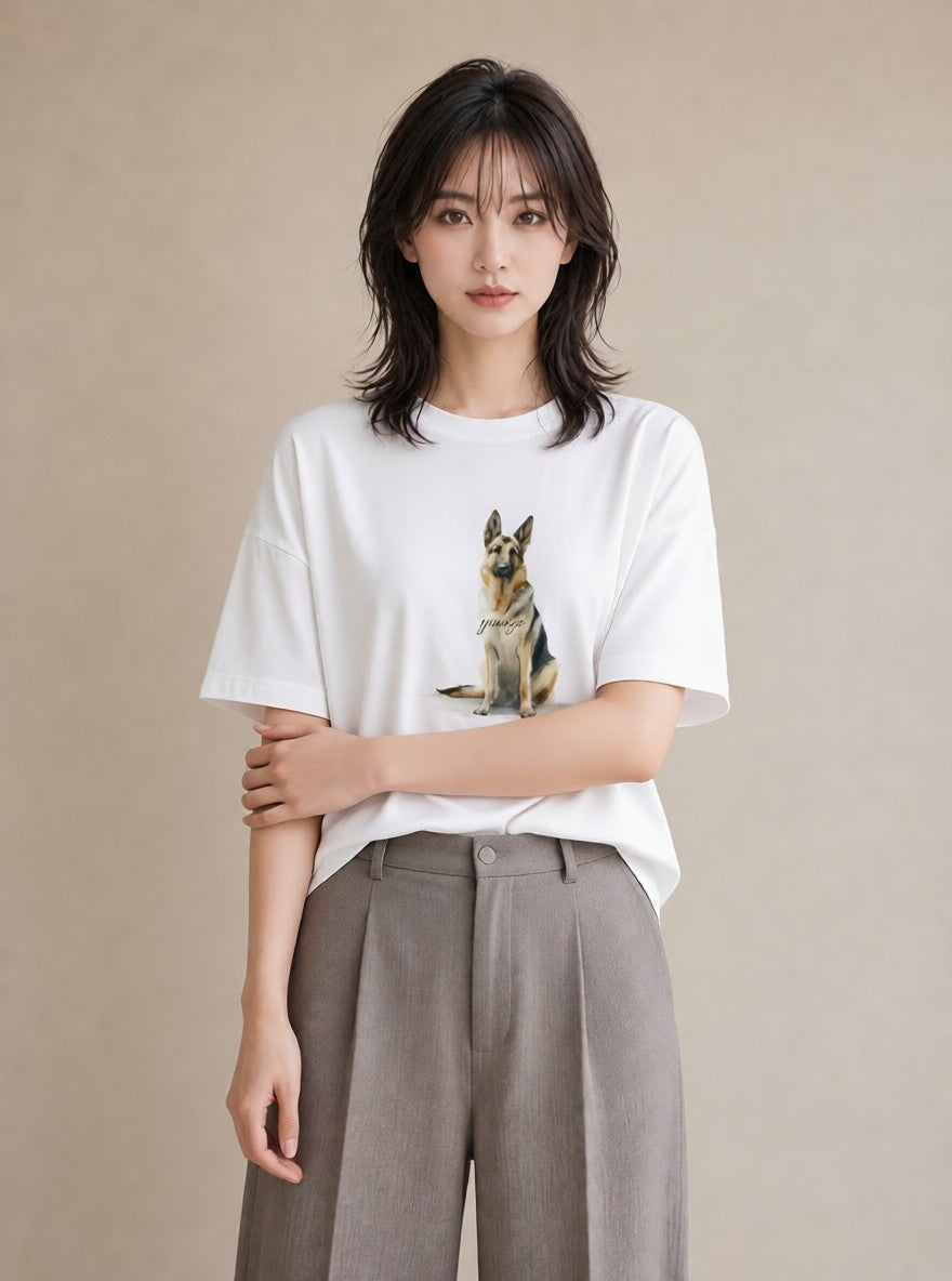 デザインTシャツ レディース ジャーマンシェパード 犬 いぬ イラスト カジュアル 母娘コーデ 自分用 白T YMAZO