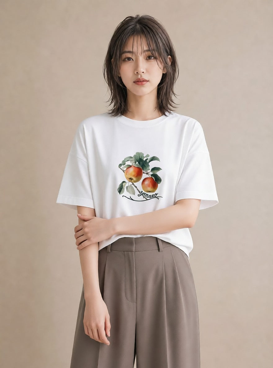 プリントTシャツ レディース もも 食べ物 フード イラスト アート風 母の日 ビーチ 白T YMAZO