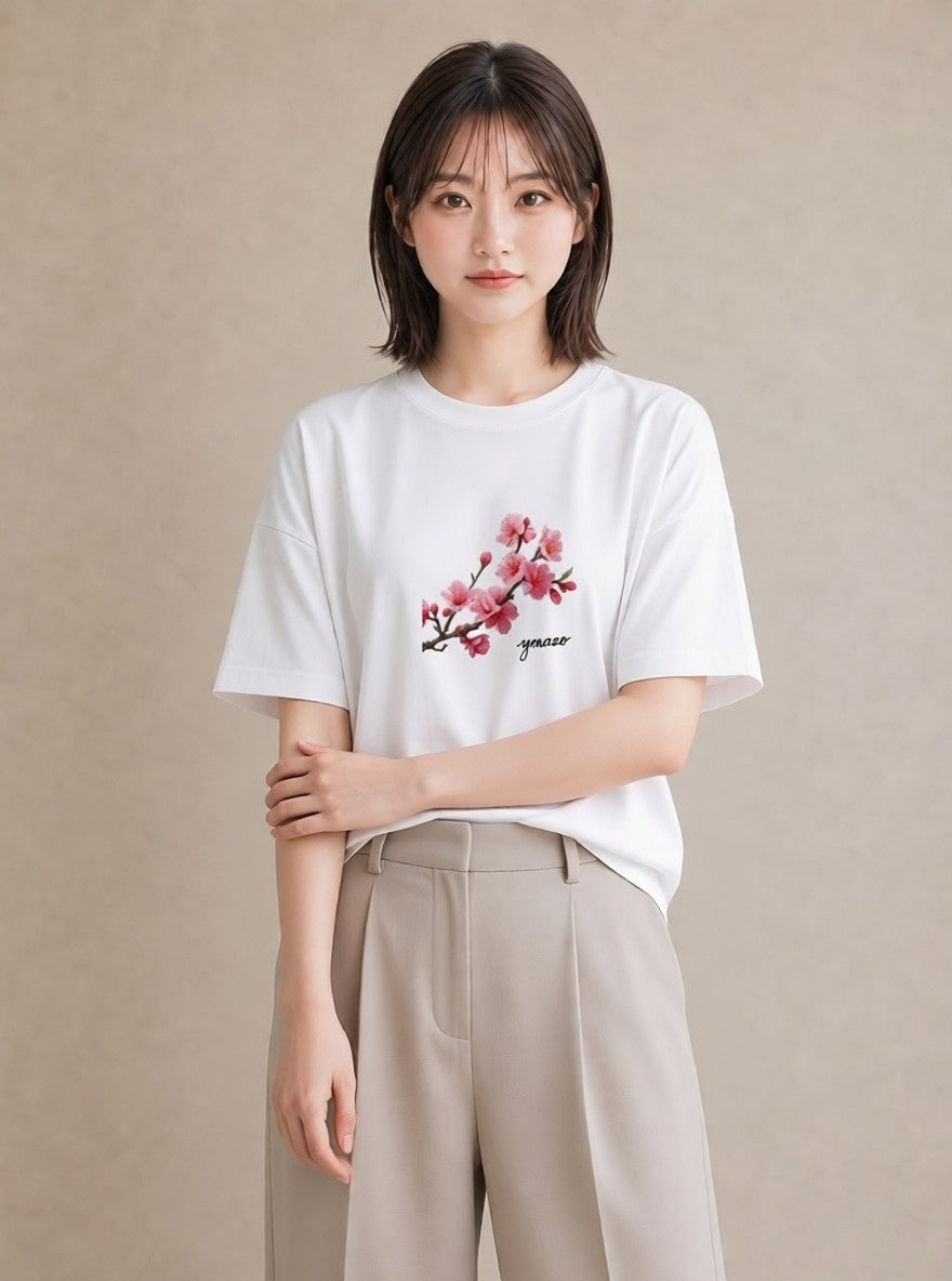 デザインTシャツ レディース 梅 花 花柄 イラスト 線画 ラフ レイヤード 白T YMAZO