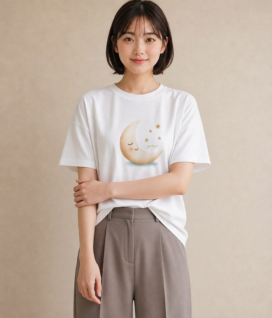 半袖Tシャツ レディース 三日月 星空 宇宙 イラスト モード 夏コーデ 通学 白T YMAZO