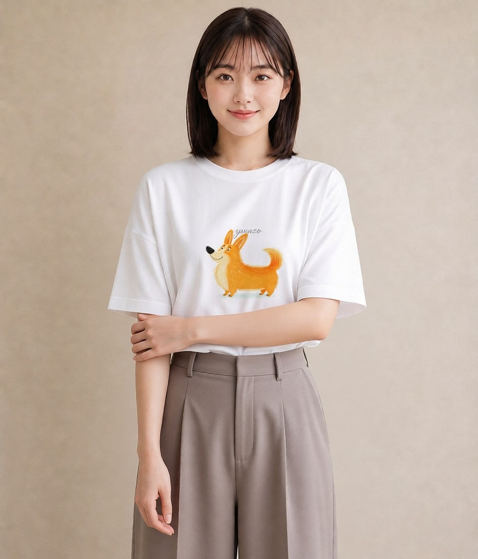 半袖Tシャツ レディース ウェルシュコーギー コーギー 犬 いぬ イラスト ガーリー デイリーウェア 休日 白T YMAZO