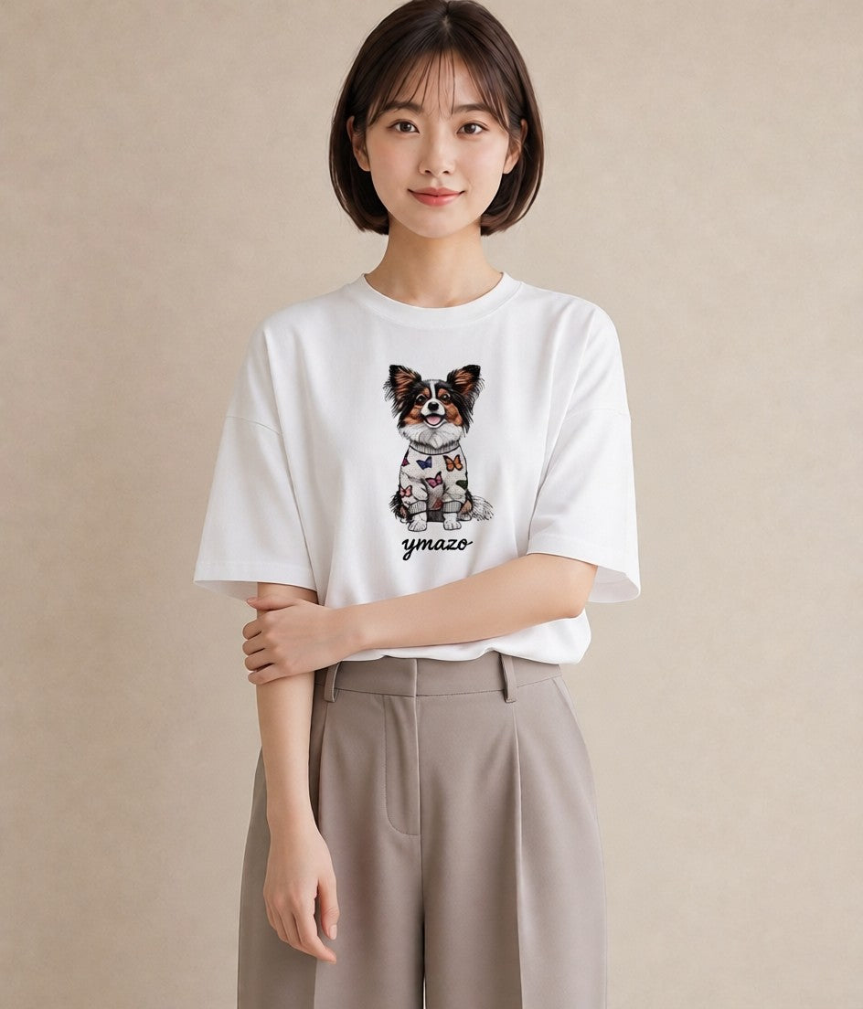 グラフィックTシャツ レディース パピヨン 犬 いぬ イラスト 北欧風 秋コーデ おしゃれギフト 白T YMAZO