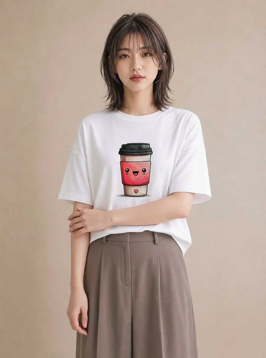 デザインTシャツ レディース カフェラテ 食べ物 フード イラスト 水彩風 親子 20代 白T YMAZO