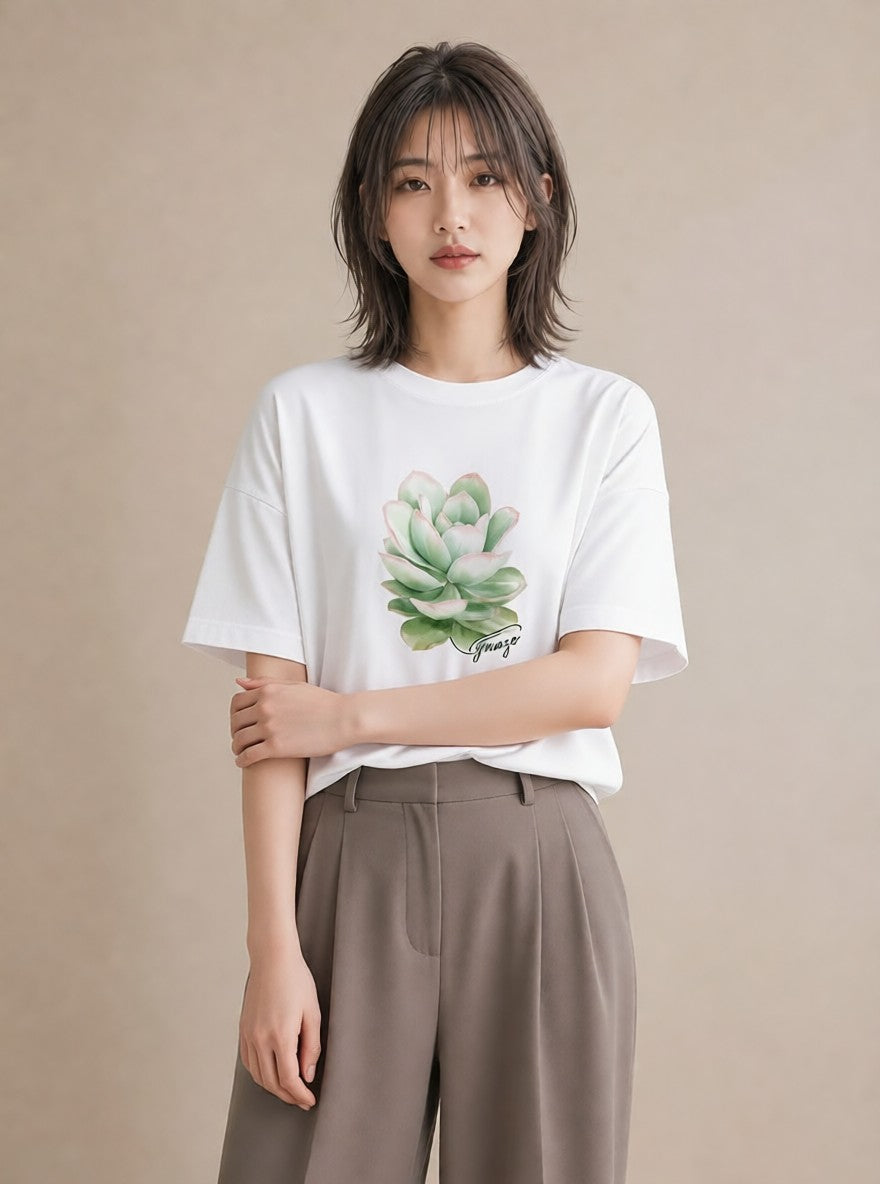 プリントTシャツ レディース 多肉植物 植物 ボタニカル イラスト 淡色 ビーチ デイリーウェア 白T YMAZO
