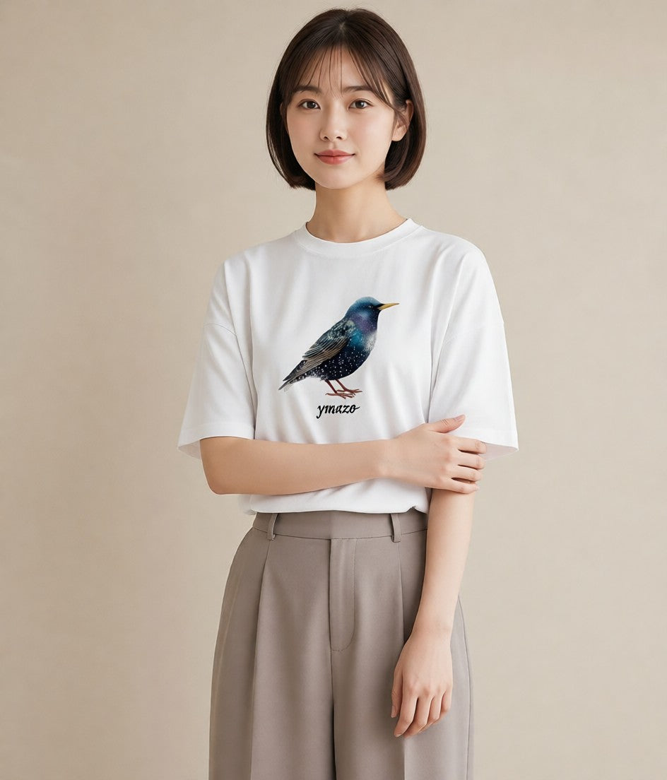 プリントTシャツ レディース 小鳥 ペット 動物 イラスト レトロ 休日 ペアコーデ 白T YMAZO